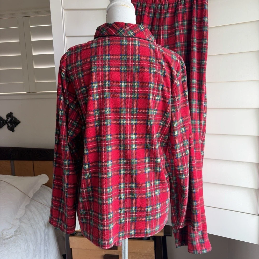 Lauren Ralph LRL Womens L Red Plaid Pajama Set Soft Plush Tartan Christmas